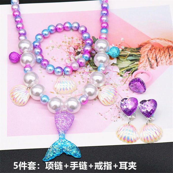 Children's Beauty Fishtail Pearl Necklace Bracelet Ring Earring Set