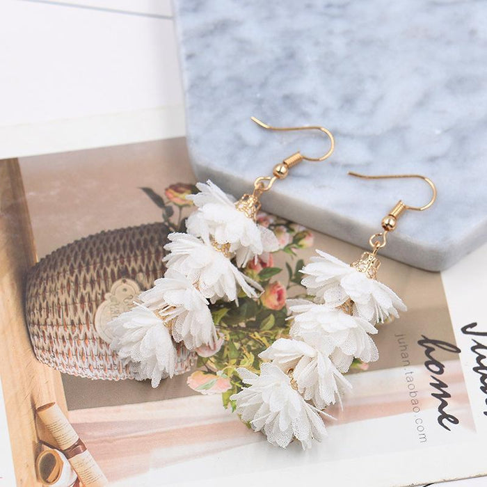 Women's Fashion Simple Fabric Flower Tassel Earrings