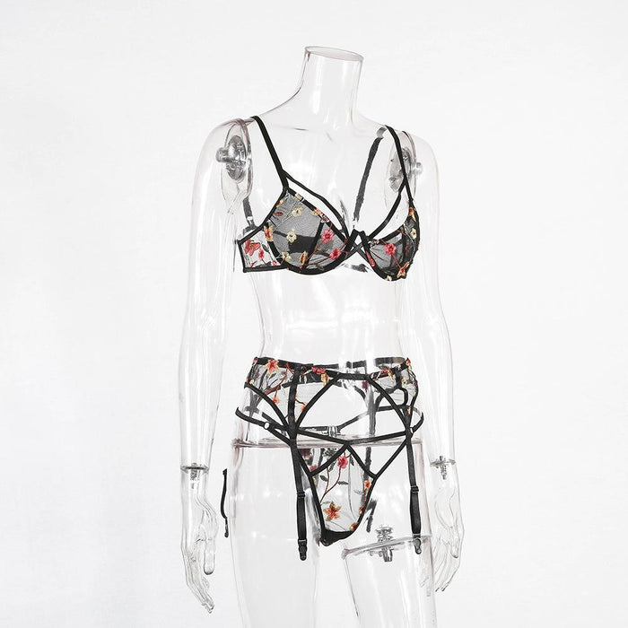 Women's Embroidered Lace Sexy Lingerie Three Piece Set