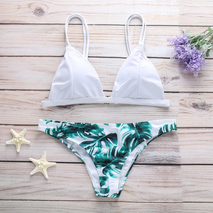 Sexy Green Leaf Printed Beach Split Swimsuit Bikini Swimsuit