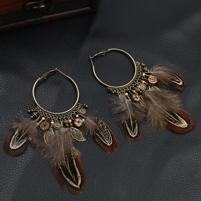 Retro Ethnic Round Gradient Color Feather Pendant Earrings