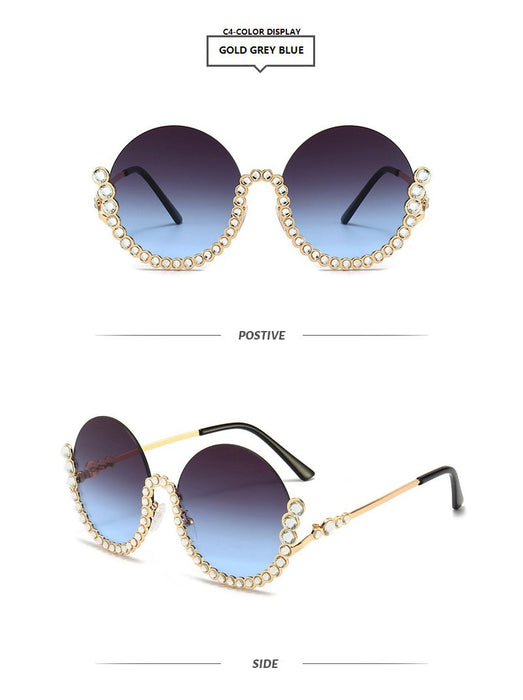 Round half frame metal Rhinestone Sunglasses