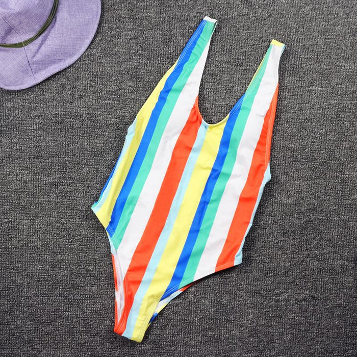 New Rainbow Stripe Printed One-piece Bikini Swimsuit