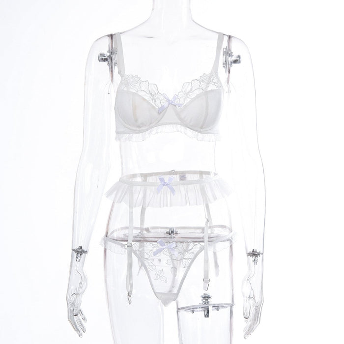 Women Lace Stitching Lingerie Mesh Underwear Three-piece Set