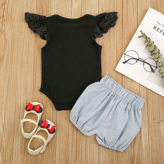 Girls' black fly sleeve top grey shorts two piece set