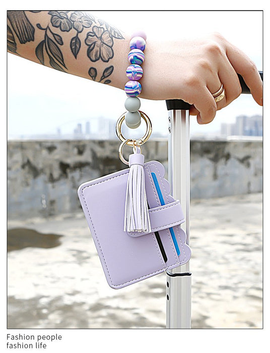 Silicone Leather PU Tassel Card Bag Bracelet Keychain