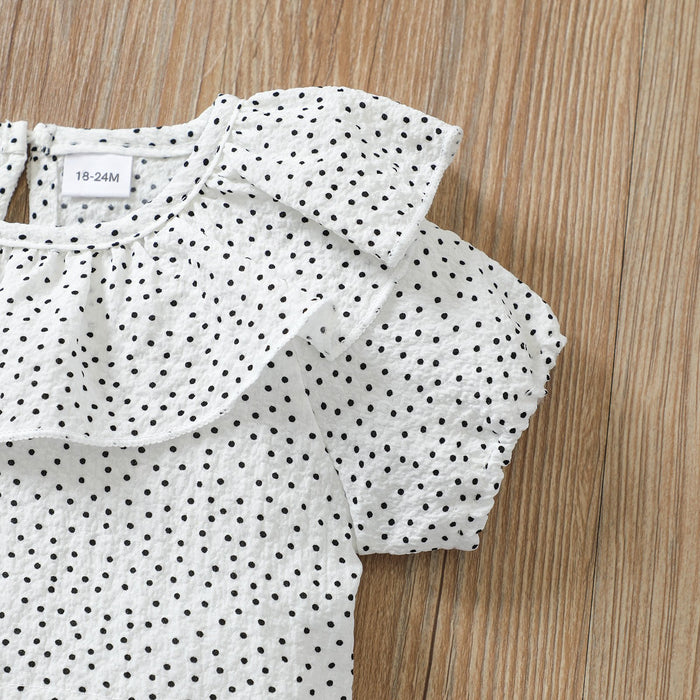 Polka Dot lotus leaf collar short sleeve top doll shirt short shirt blue strap skirt suit