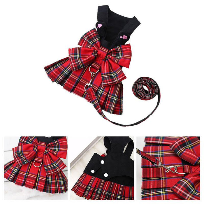 College Plaid Dog Dresses Harness Leash Suit Pet Clothes