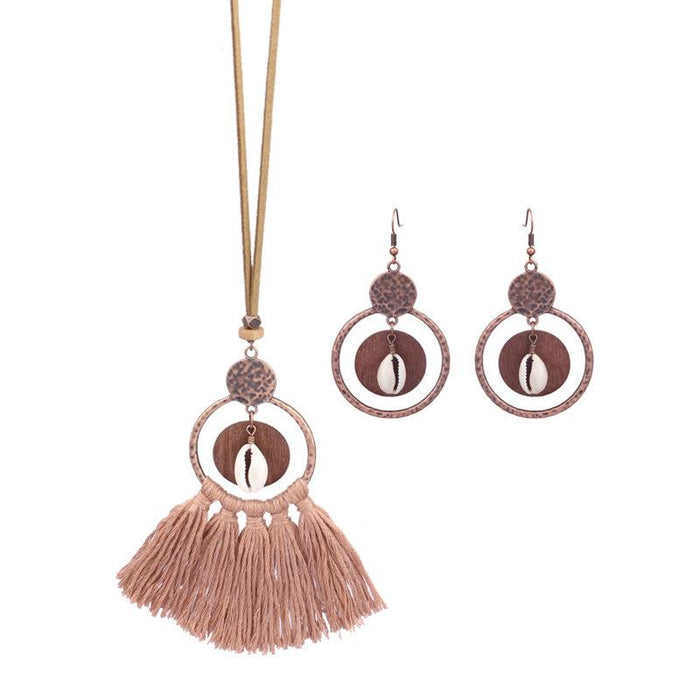 Women's Fashion Hollow Out Tassel Pendant Earring Necklace Set