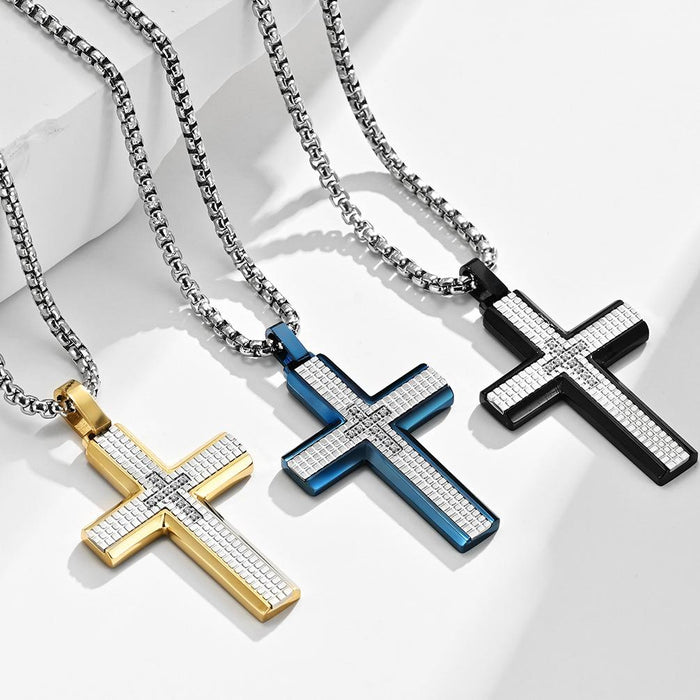 Stainless Steel Checkered Cross Men's Pendant Necklace