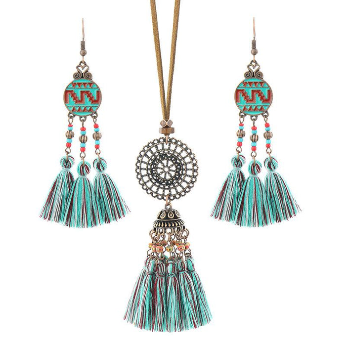 Bohemian Ethnic Style Colorful Handmade Tassel Earrings Necklace Set