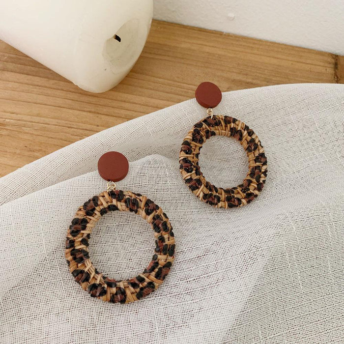 Colorful Leopard Print Fashion Hand Woven Exaggerated Rattan Earrings Jewelry