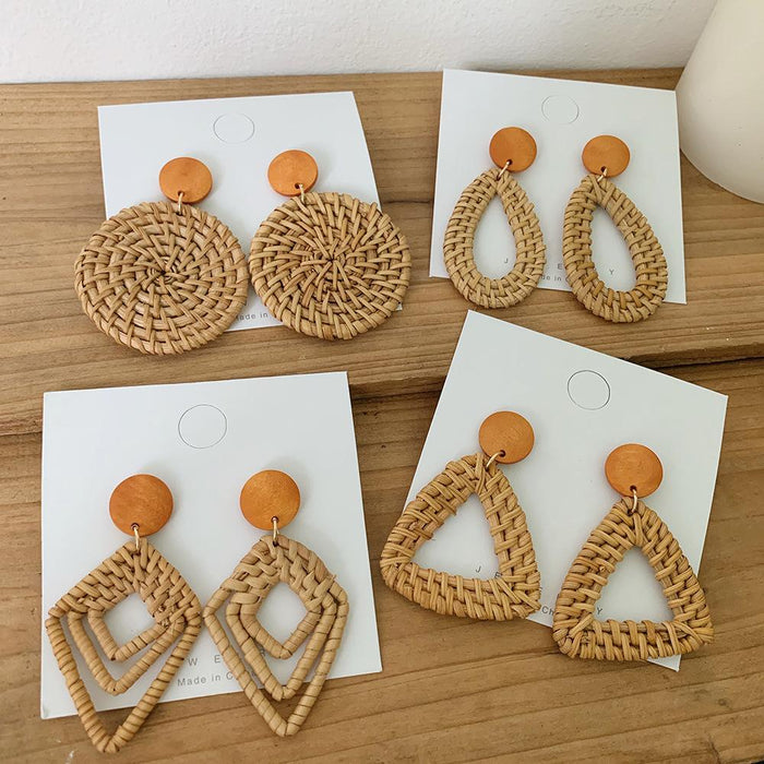 Wooden Handmade Rattan Geometric Earrings Female