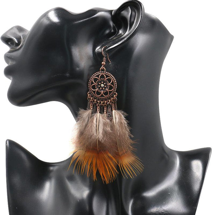 Fashion Flower Alloy Feather Chain Tassel Earrings
