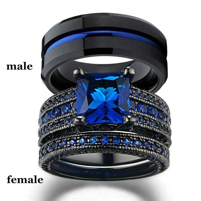 Couple Ring Female Blue Zircon Ring Male Black Ring