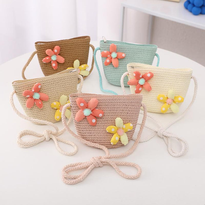 Summer Trendy Flower Streamer Children's Straw Hat Bag Set