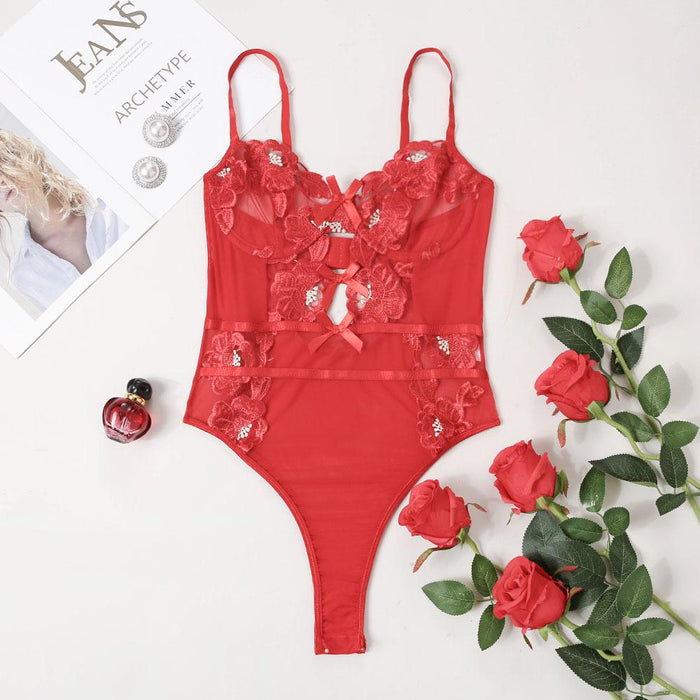 Women Lace Mesh Embroidered Bodysuit Sexy One-piece Lingerie