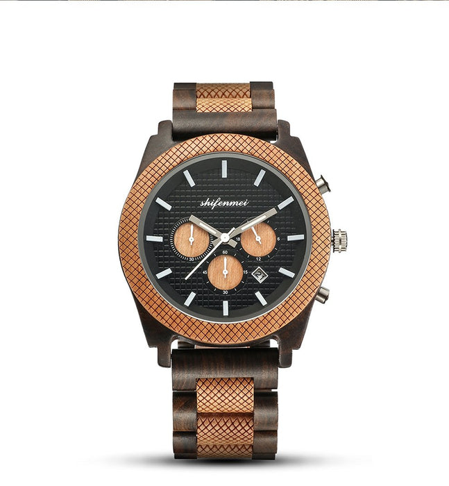 New Fashion Simple Men's Multifunctional Three Needle Wooden Watch