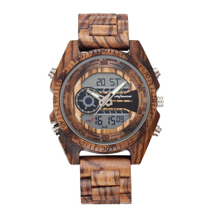 New LCD Dual Display Electronic Outdoor Sports Luminous Wooden Watch