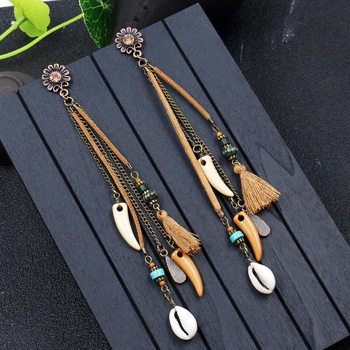 Women's Bohemian Shell Horns Sunflower Tassel Earrings