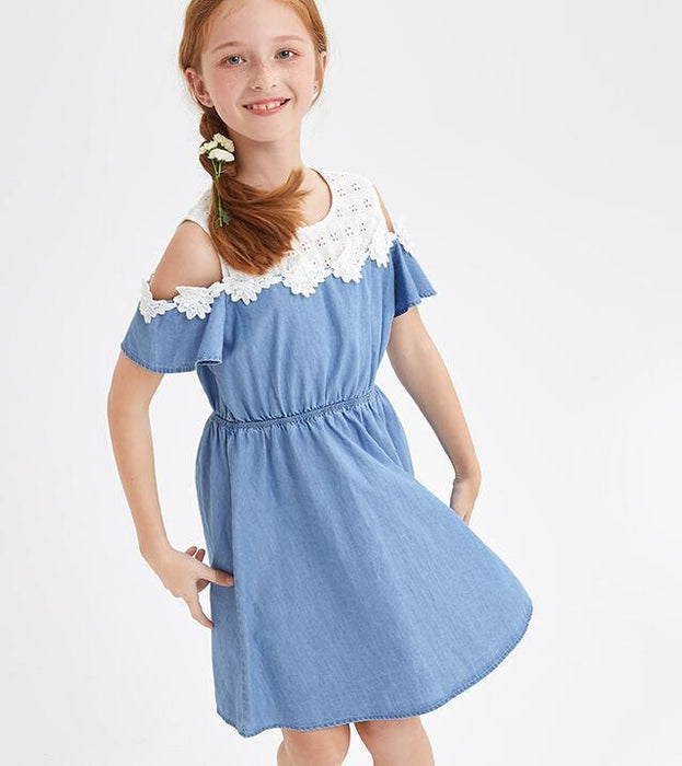 Girls skirt lace print stitched denim dress