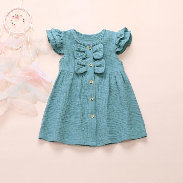 Cotton linen crepe small flying sleeve double bow stitched princess skirt