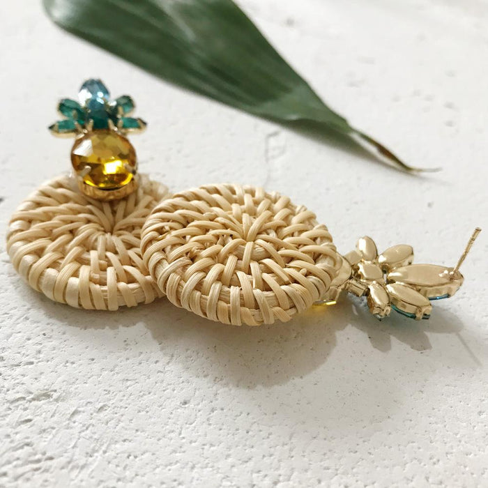 Geometric Round Rhinestone Fruit Pineapple Rattan Earrings