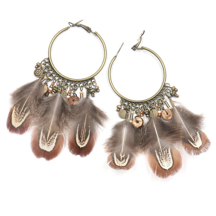 Retro Ethnic Round Gradient Color Feather Pendant Earrings