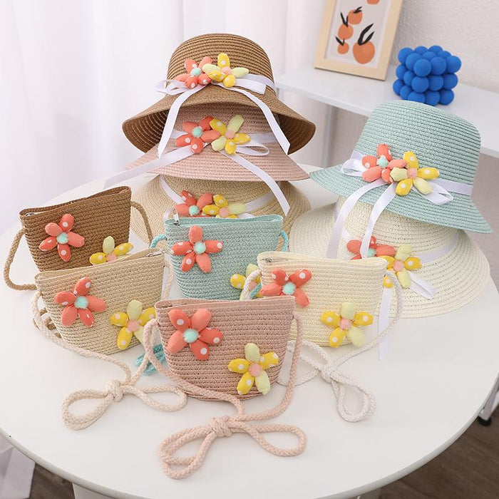 Summer Trendy Flower Streamer Children's Straw Hat Bag Set