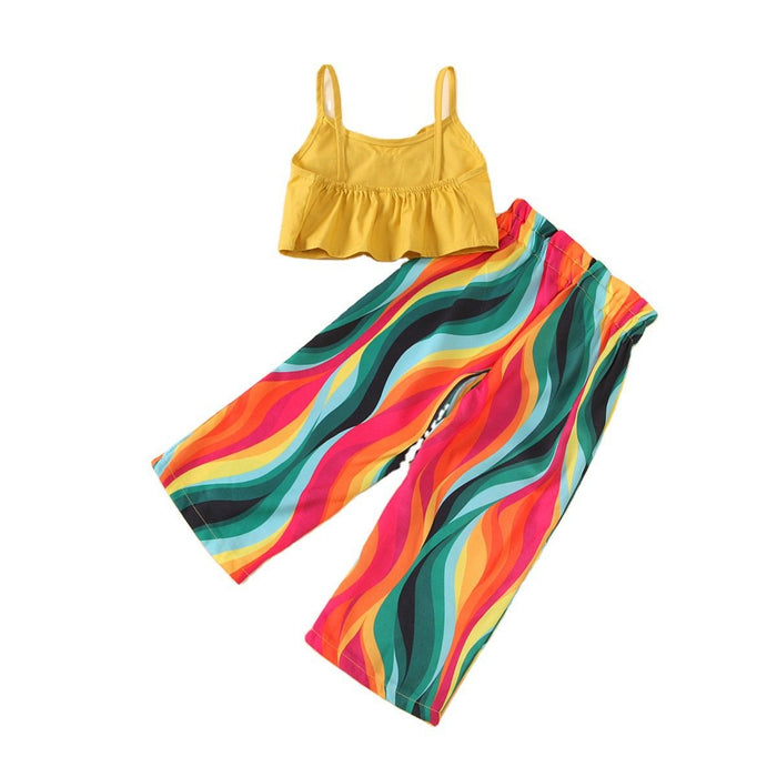 Solid color bow tie suspender rainbow color wide leg trousers small and medium-sized children's suit