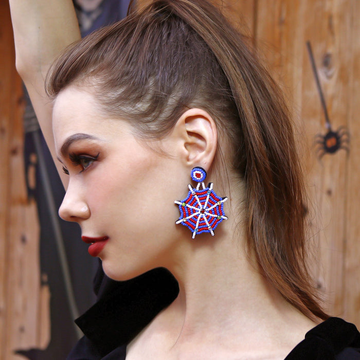 Punk Personality Halloween Earrings Hand Woven Rice Beads Earrings Spider Web Earrings