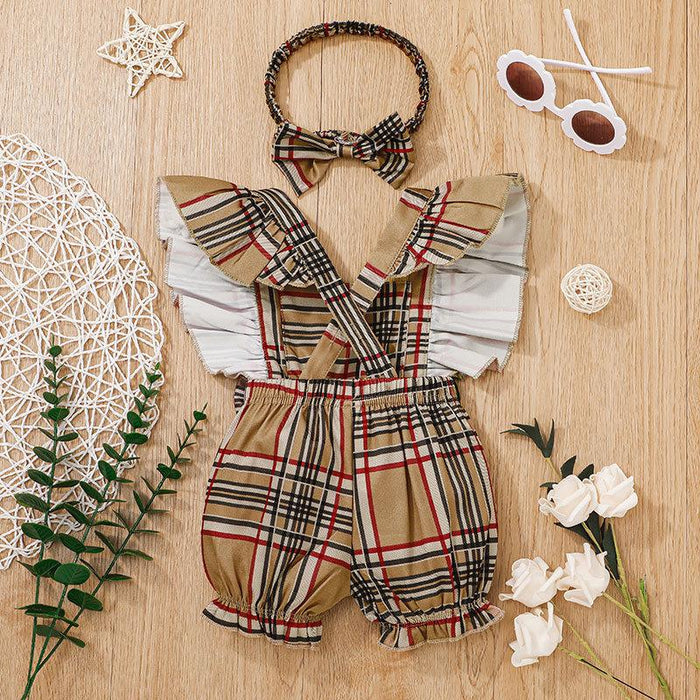 Baby Summer Plaid Headband Jumpsuit Set