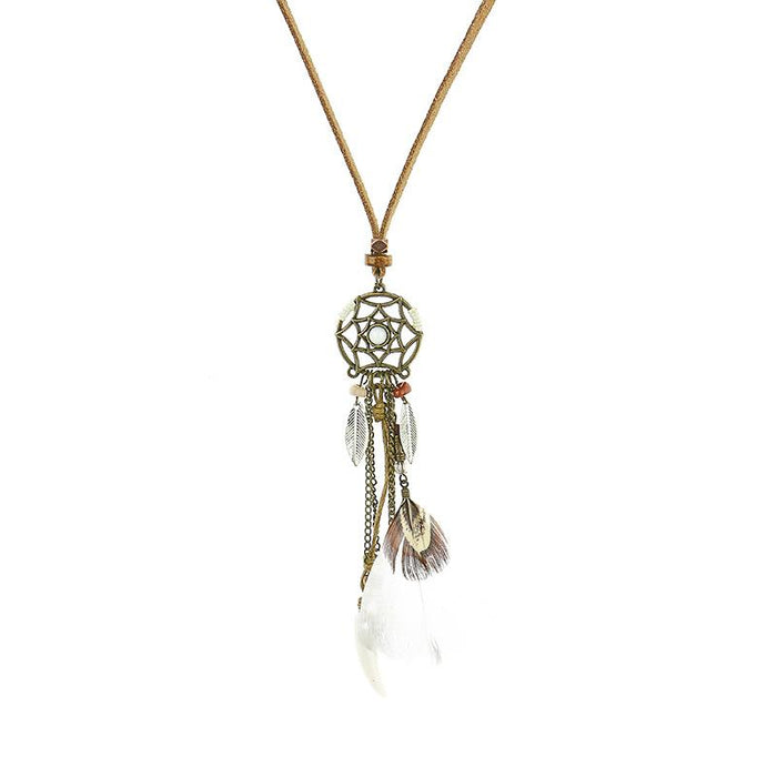 Boho Vintage Feather Tassel Dream Catcher Necklace