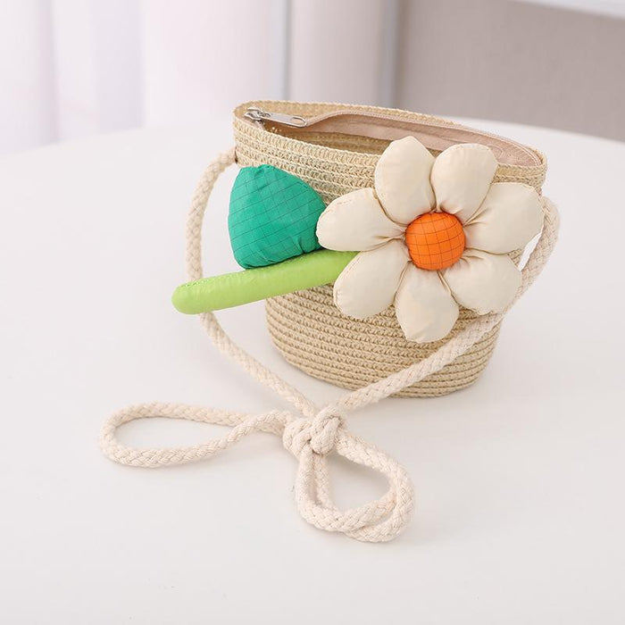 Trendy Three-dimensional Five-petal Flower Children's Wavy Straw Hat Bag Set
