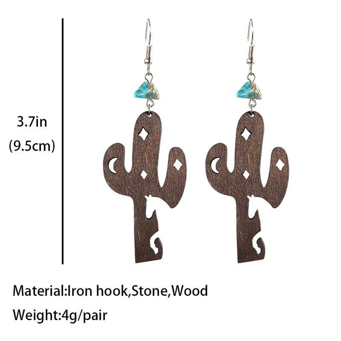 Western Cowboy Turquoise Wood Cactus Women's Earrings