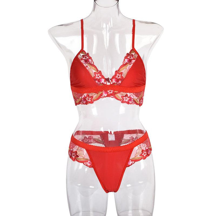 Women's Mesh Lace Underwear Embroidered Red Lingerie Set