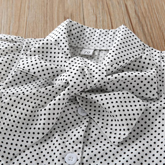 Girls DOT BOW fly sleeve top solid color single breasted strap skirt