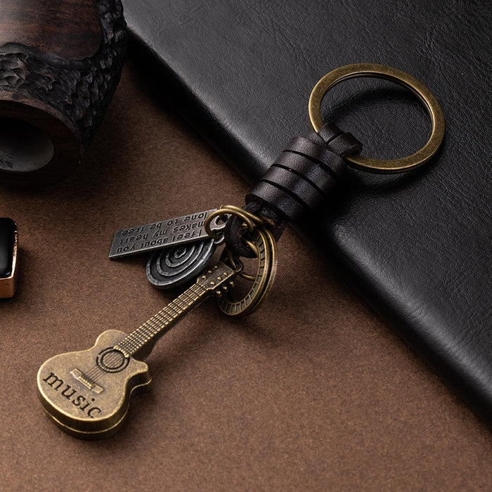 Vintage key chain creative guitar leather key chain woven leather key backpack Pendant