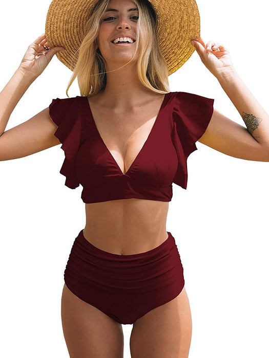 Sexy Ruffled High Waist Split Swimsuit Backless Bikini
