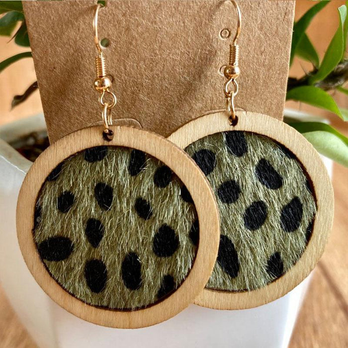 Vintage Western Leopard Leather Wood Women's Earrings