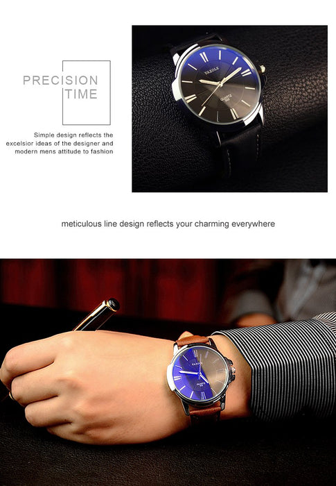 Mens Watches Blue Glass Watch Waterproof Leather