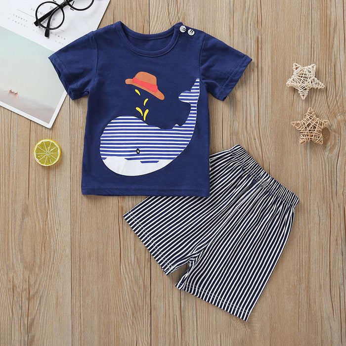 Boys' cartoon dolphin print T-shirt striped shorts two piece set