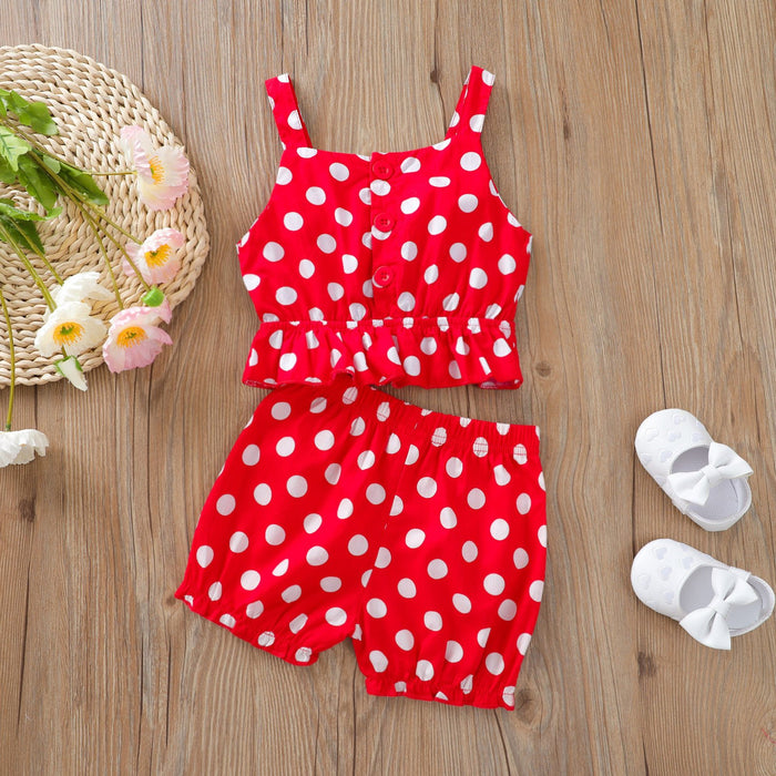 Suspender dot bow top and shorts two piece set