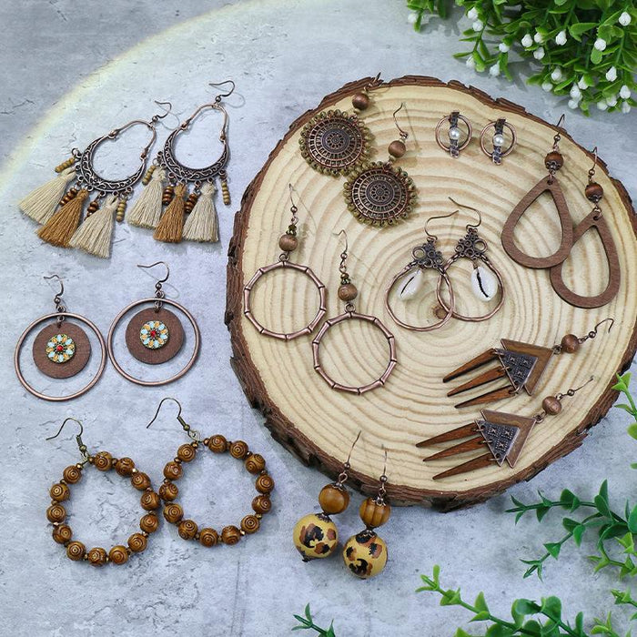 Tassel Vintage Wooden Beads Woven Geometric Hollow Earrings Jewelry