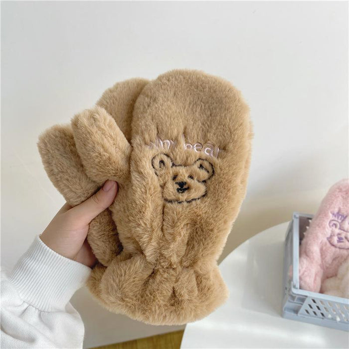 Bear Embroidery Soft Plush Gloves Women Winter Warm