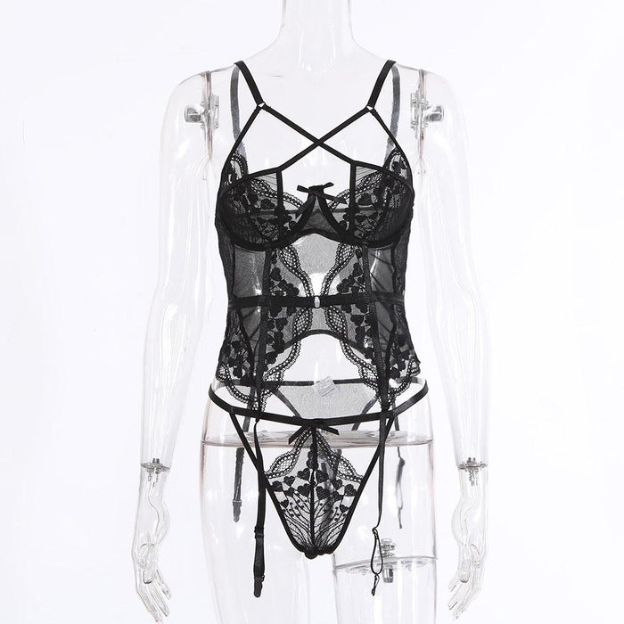 Women Lace Cross Strappy Corset Sexy Underwear Lingerie Set
