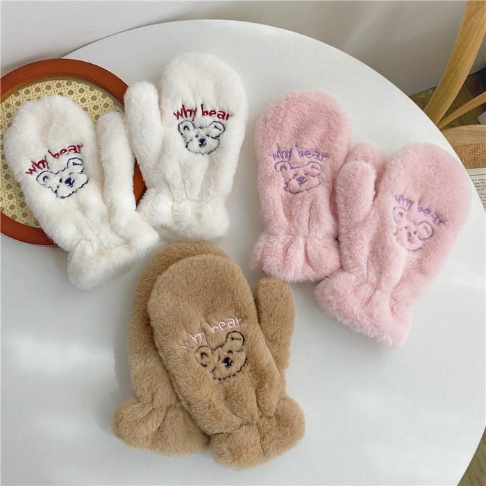 Bear Embroidery Soft Plush Gloves Women Winter Warm