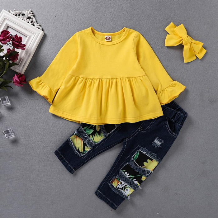 Solid color long sleeved shirt sun printed denim perforated pants hair band three piece set
