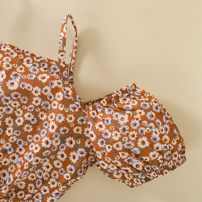 Suspender one shoulder floral girls fashion suit