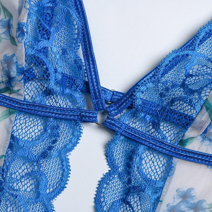 Women's Summer Mesh Lingerie Floral Print Slim Bodysuit